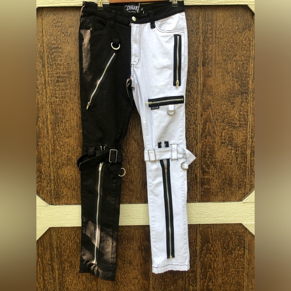 Tripp NYC Split Color Bondage Pants Unisex 30x32 Black White Punk Goth Emo